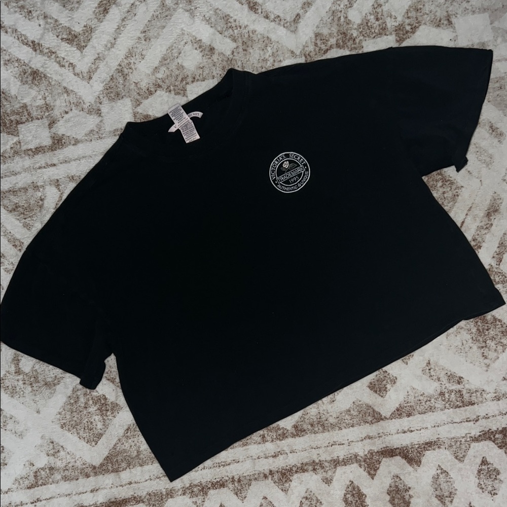 Victorias Secret Black Cropped Graphic Tee with Small Chest Logo